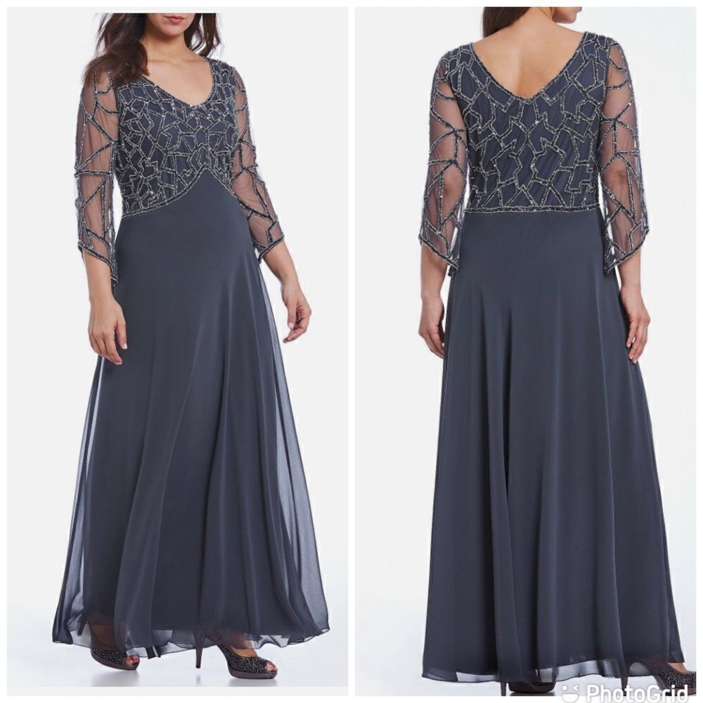 NWT J Kara Women's Plus Size 3/4 Sleeve Geo Beaded Gown, Gray/Gun/Silver Sz-8